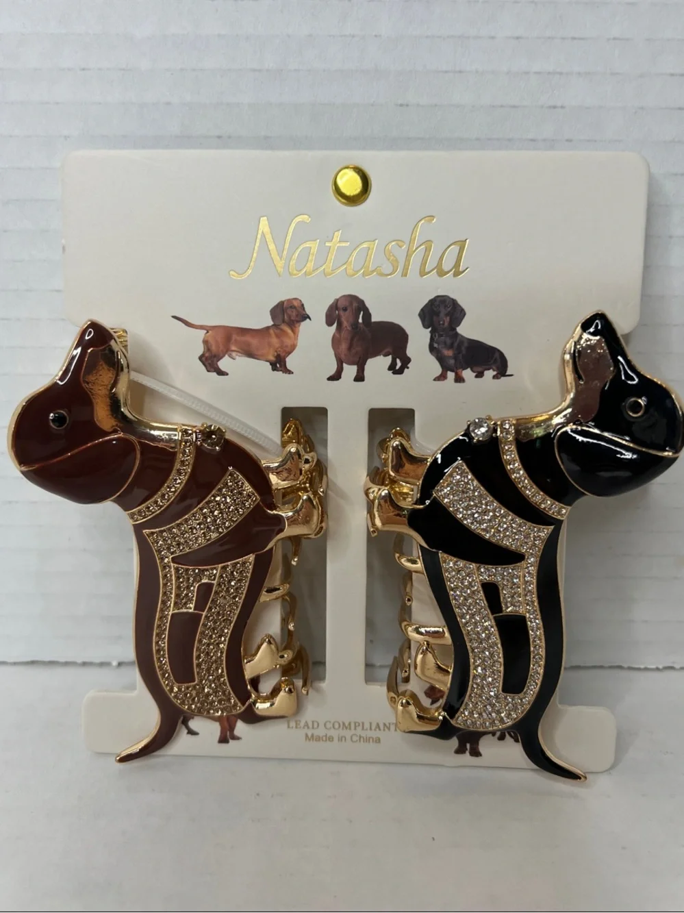 Natasha Dachshund Dog Hair Clips Brown Black Gold Bling New